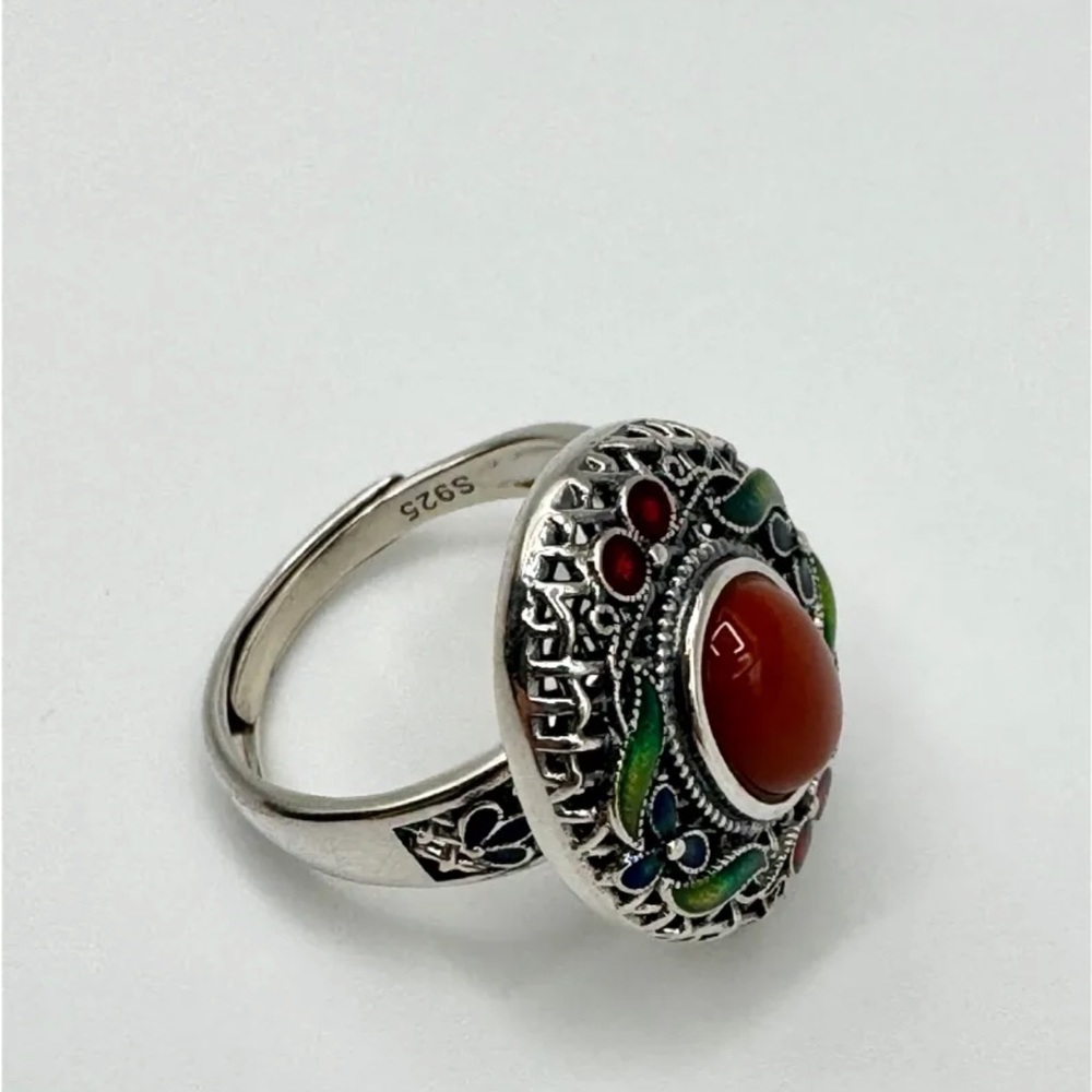 Multicolor Enamel Red Onyx Sterling Silver Ring